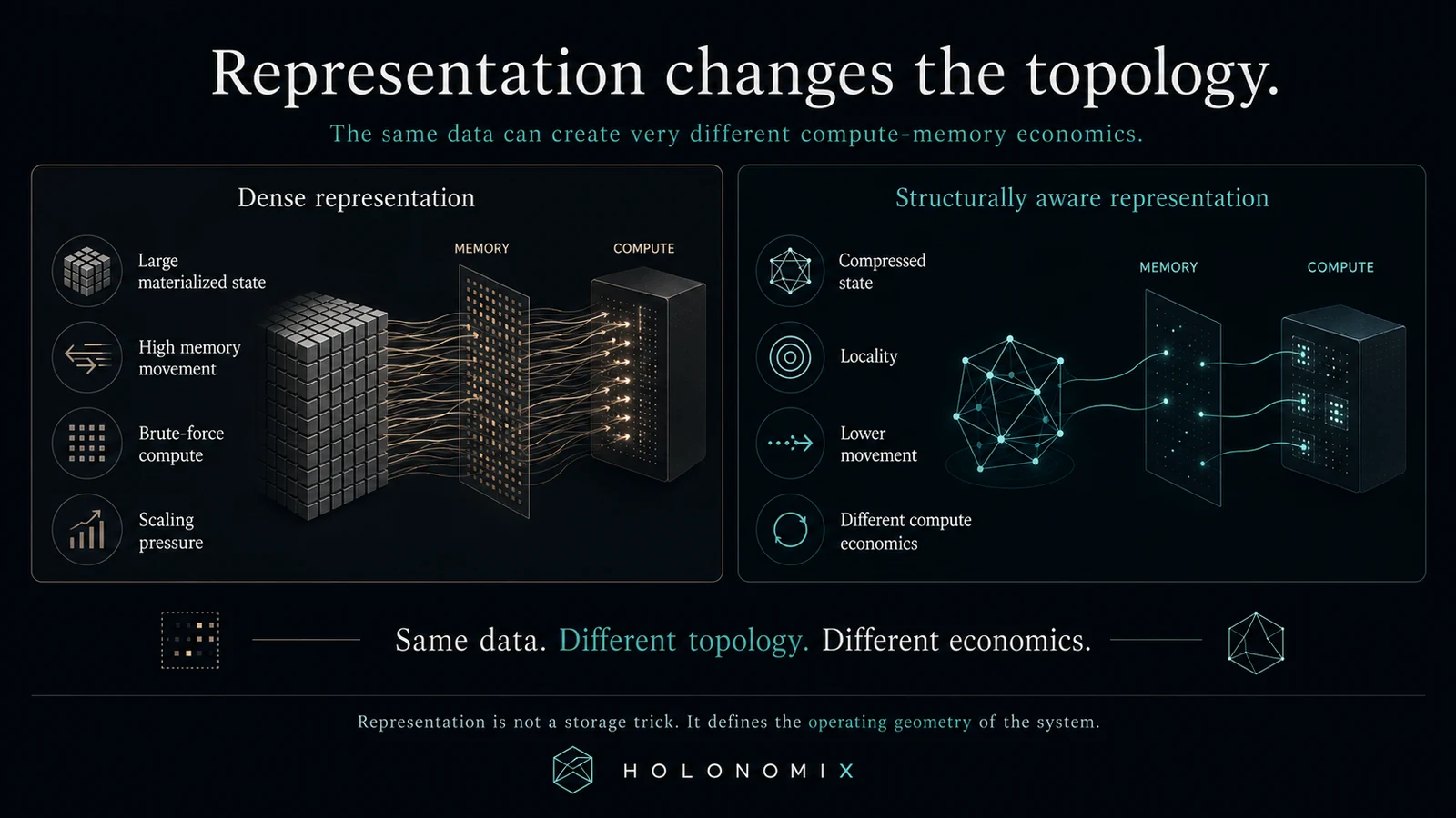 Comparison: dense representation with large materialized state, high memory movement, and brute-force compute versus structurally aware representation with compressed state, locality, and lower movement.